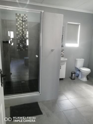 a bathroom with a shower and a toilet at Casablanca B&B in Beaufort West
