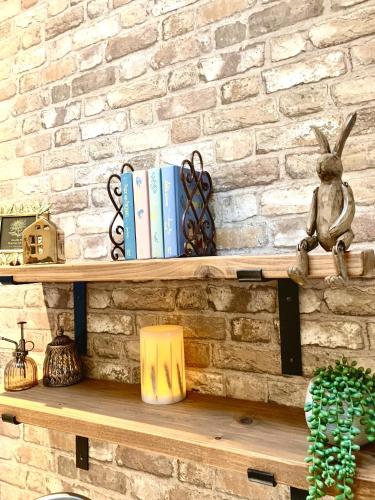 a shelf with books and a rabbit on a brick wall at Quaint Cottage in Kirkwall in Kirkwall