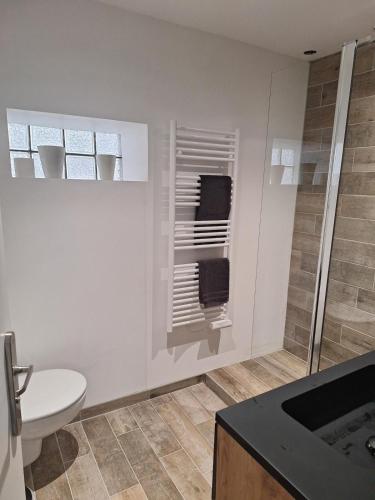 une salle de bain avec toilettes, lavabo et douche dans l'établissement Les racines de Montchapet, à Dijon