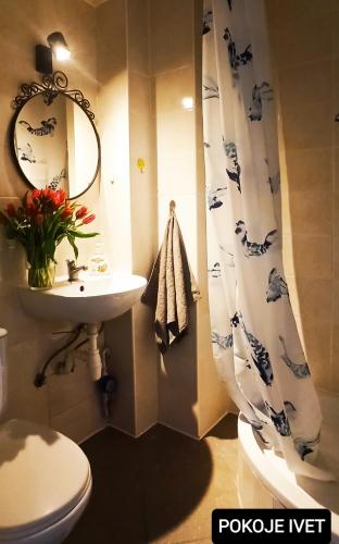 a bathroom with a sink and a toilet and a shower curtain at ViLLA IVET in Gdańsk