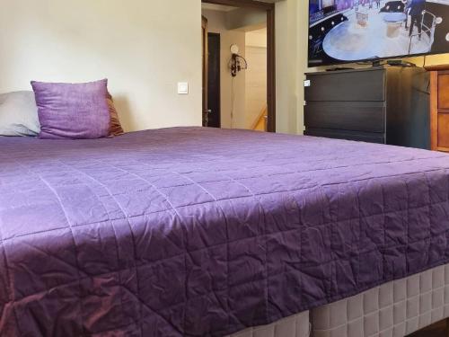 a purple bed in a room with a tv at 4 person holiday home in ÅRSTA HAVSBAD in Årsta Havsbad