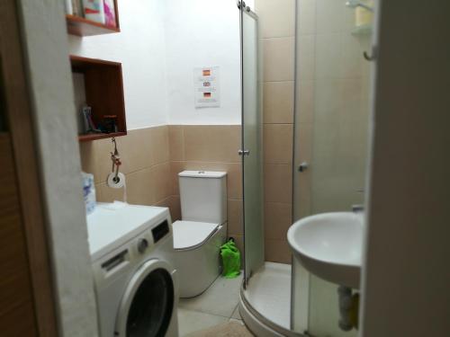 a bathroom with a toilet and a sink and a washing machine at Bett 2 im Männer-2-Bettzimmer NUR Männer Only Men SOLO Hombres in Mogán
