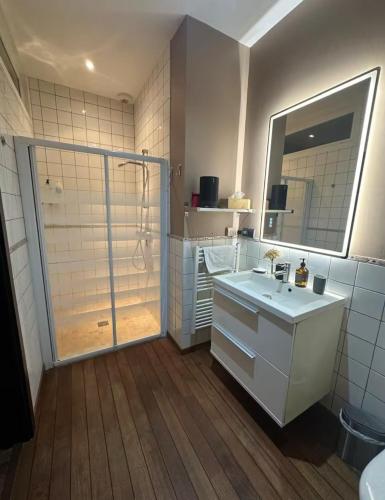 une salle de bain avec une douche, un lavabo et un miroir dans l'établissement La Liberté, Loft 90 m2 rénové centre-ville, terrasse amenagee, jeux & parking, à Cambrai