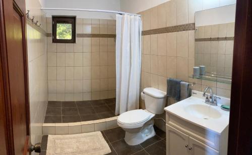 a bathroom with a toilet and a sink and a shower at Apartment Diamond Hill Resort in Diamond Rock