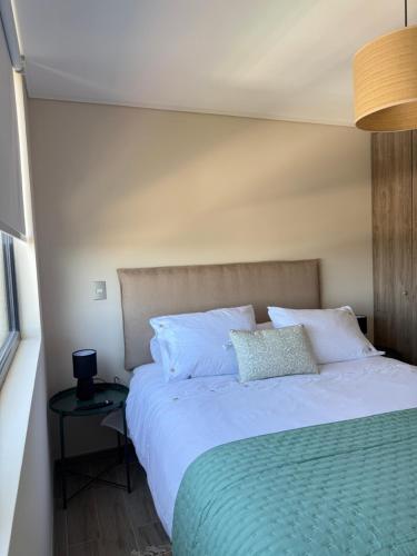 a bedroom with a large bed with blue pillows at Depto Claudio 904 in Chillán
