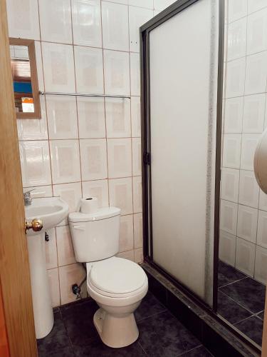 a bathroom with a toilet and a sink at Hostal El Fogón in San Vicente de Taguatagua