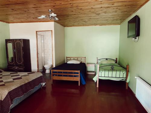 a bedroom with two beds and a tv on the wall at Hostal El Fogón in San Vicente de Taguatagua