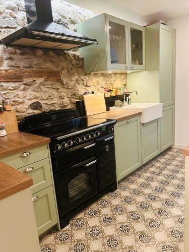 - une cuisine avec des placards verts et une cuisinière noire dans l'établissement Maison centre ville Évian, à Évian-les-Bains