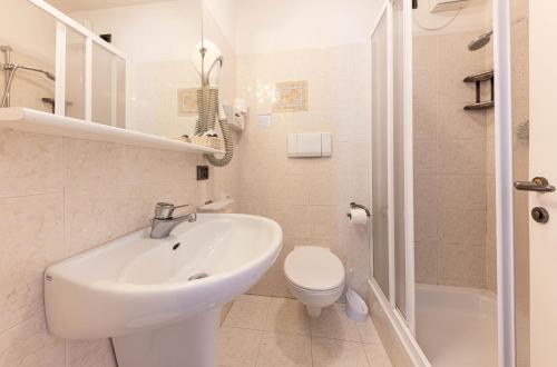 a white bathroom with a sink and a toilet at Hotel Plank in San Martino di Castrozza