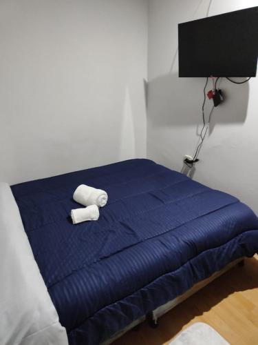 a blue bed with two rolled towels on it at COMODO ESTUDIO VIA A TERMALEs in Santa Rosa de Cabal