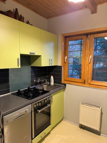 a kitchen with green cabinets and a stove top oven at Górski domek w Szczyrku in Szczyrk