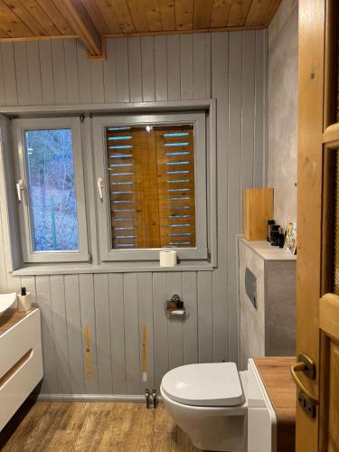 a bathroom with a toilet and a window at Górski domek w Szczyrku in Szczyrk