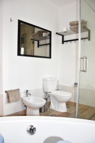 a white bathroom with a toilet and a sink at Monte das Perdizes in Olhão