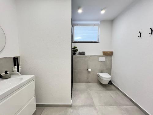 a bathroom with a toilet and a sink and a window at House of AlAy in Künzelsau