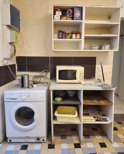 une cuisine avec un lave-linge et un micro-ondes dans l'établissement Just for sleep - Hoche APT, à Le Pré-Saint-Gervais