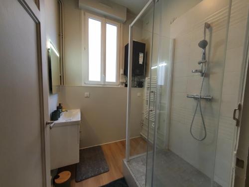 La salle de bains est pourvue d'une cabine de douche en verre. dans l'établissement VUE EXCEPTIONNELLE sur la CATHÉDRALE, haut standing et garage privé, à Reims
