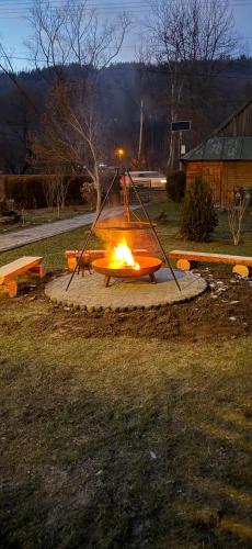 a fire pit in the middle of a field at Gnapówka in Zawoja