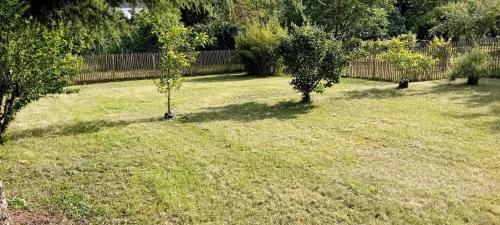 two trees in a yard with a fence at Maison cocooning in Lhommaizé
