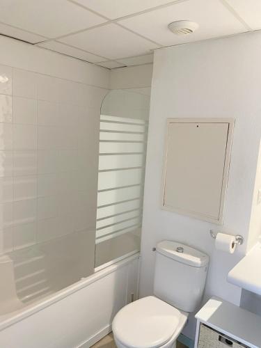 une salle de bain blanche avec toilettes et douche dans l'établissement Studio near train station and sanctuary, à Lourdes