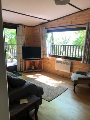 a living room with a couch and a tv and some windows at Devoke Water in Elterwater