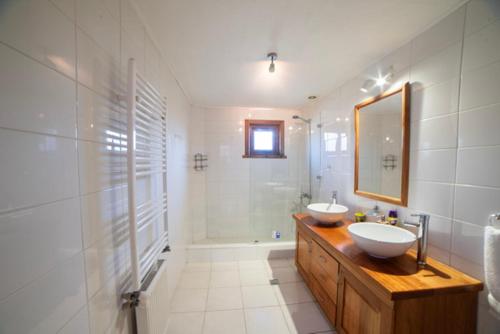 a bathroom with two sinks and a mirror and a shower at Cabañas Neyén in Malalcahuello