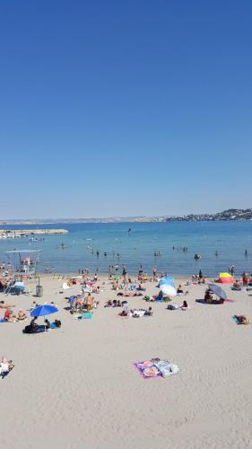 un grand groupe de personnes sur une plage dans l'établissement Maisonnette Pointe Rouge, à Marseille