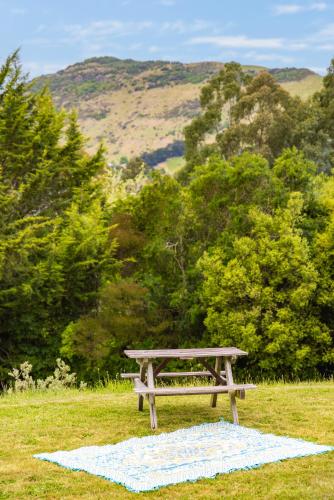 a picnic bench sitting on a blanket in a field at Forest View - Spacious & private full home retreat in Little River
