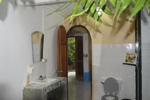 a bathroom with a sink and a toilet and a mirror at Cabinas carol in Pavones