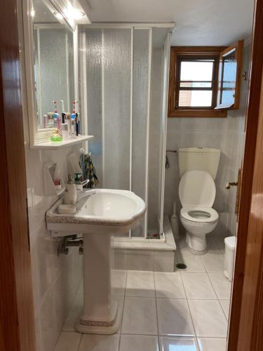 ein Badezimmer mit Waschbecken und Toilette in der Unterkunft Theoni Apartments Kastraki Naxos in Kastraki Naxos