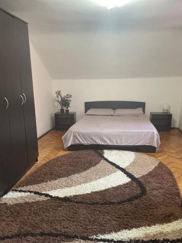 a bedroom with a bed and a large rug at Kral Villa in Sovata