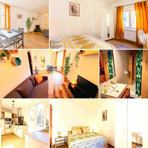 un collage de photos d'un salon et d'une cuisine dans l'établissement T2 Halles & Cathédrale - Centre historique - Clim - Wifi - Free parking sur demande, à Béziers