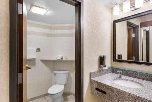 a bathroom with a toilet and a sink and a mirror at Sonesta Essential Houston Hobby Airport in Houston