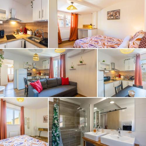 un collage de photos d'une cuisine et d'une chambre dans l'établissement T3 Aqui es Besièrs - Centre-Historique - Cathédrale & Halles - Clim - Wifi - Free parking sur demande, à Béziers