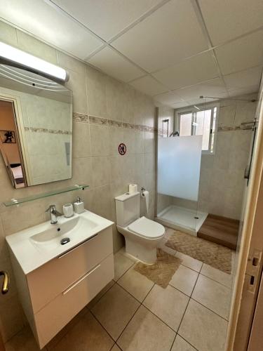 a bathroom with a toilet and a sink and a shower at Raise Cosy Studio with pool in Limassol in Limassol