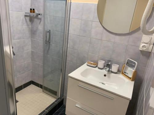 a bathroom with a sink and a shower at Flight24 in Saint-François
