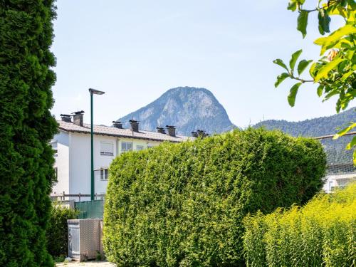 a hedge with a mountain in the background at Ferienidyll Kufstein in Kufstein