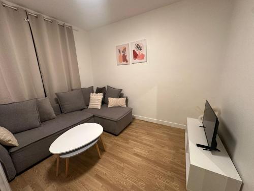 a living room with a couch and a tv at Lumineux et agréable in Asnières-sur-Seine