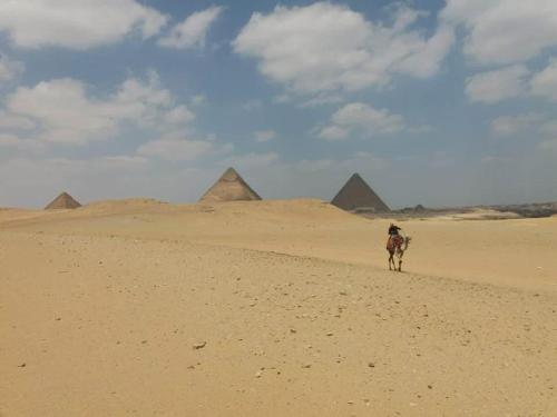a person riding a camel in the desert with pyramids in the background at Pyramids Lounge Guest House in Cairo