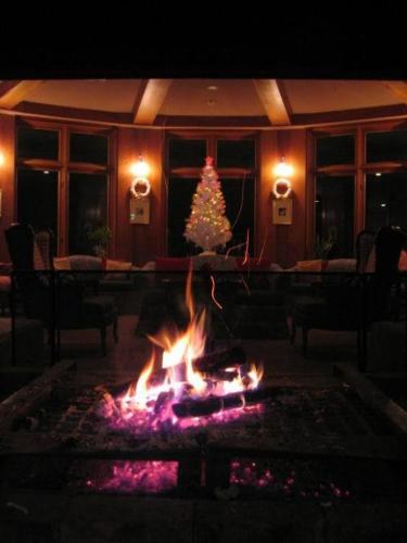 a fireplace with a christmas tree in a room at Chuzenji Kanaya Hotel in Nikko