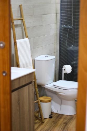 a bathroom with a toilet and a glass shower at Casa do Chafariz Velho in Angra do Heroísmo