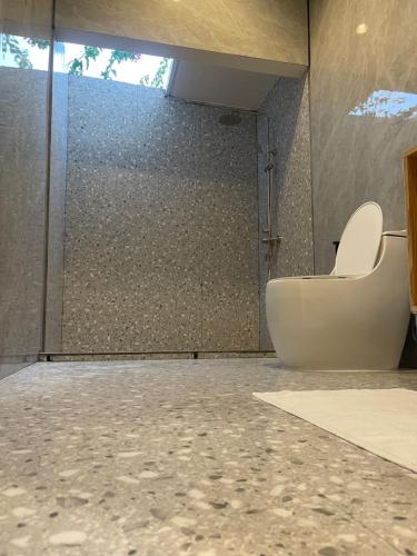 a bathroom with a shower with a toilet and a tub at Thoddoo Retreat Grand in Thoddoo