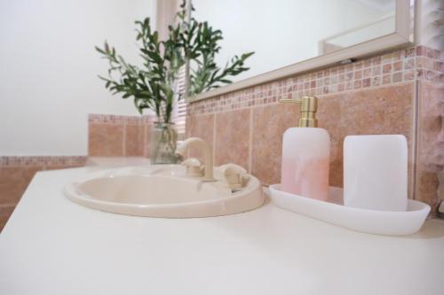 un lavandino in bagno con dispenser di sapone su un bancone di Airport 6BR Haven - Quiet Yard & AC a Perth