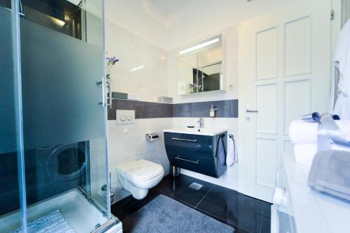 a bathroom with a toilet and a sink and a shower at Central Palace Apartment in Zadar