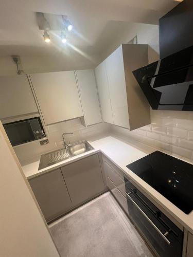 a small kitchen with a sink and a stove at Gorgeous First Floor apartment near Station in London