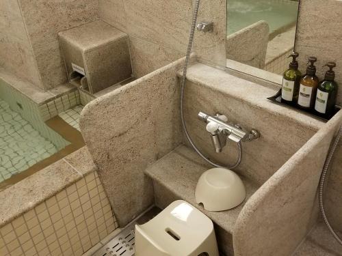 a bathroom with a shower and a toilet and a sink at Glansit Akihabara in Tokyo