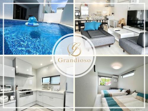 a collage of photos of a house with a swimming pool at Grandioso Onna 7-D - Vacation STAY 10524v in Atsutabaru