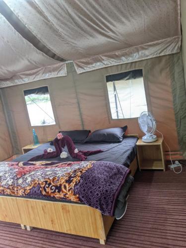 a bedroom with a bed in a tent at Soma Caves Tents in Jagatsukh