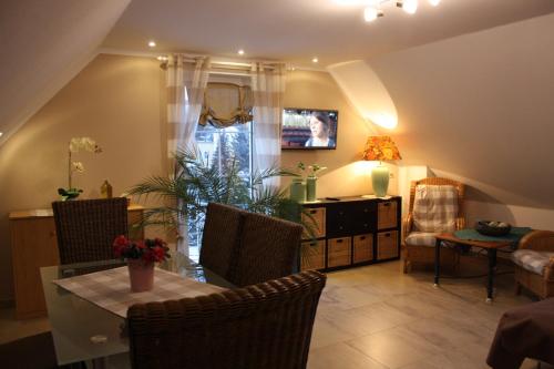 a living room with a table and chairs and a television at Romantik Landhaus in Dresden