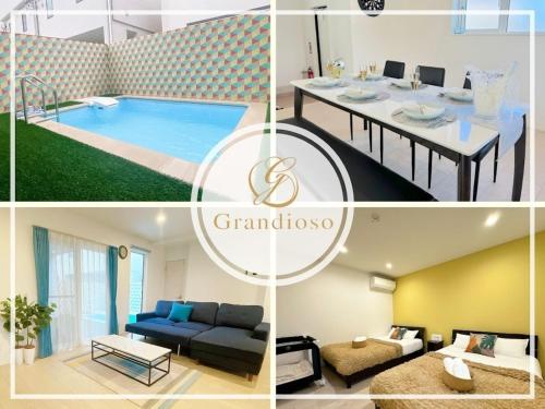 a collage of photos of a living room and a pool at Grandioso Onna 7-D - Vacation STAY 10596v in Atsutabaru