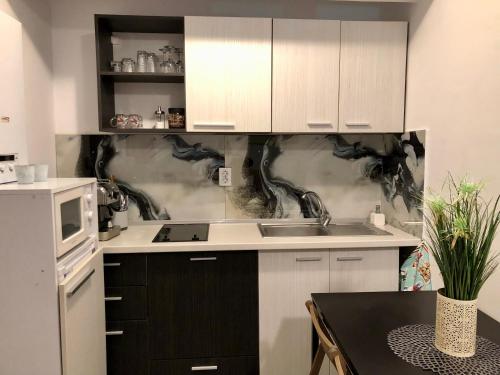 a kitchen with white cabinets and a black counter top at Studio Ines in Mamaia Nord